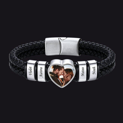 Custom Names Heart-Shape Picture Black Braided Leather Bracelet for Men, 4 Names