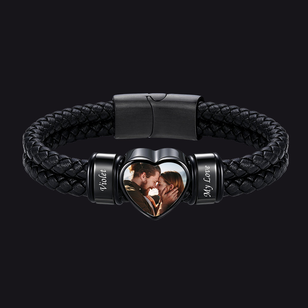 Custom Names Heart-Shape Picture Black Braided Leather Bracelet for Men, 2 Names