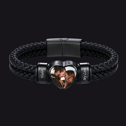 Custom Names Heart-Shape Picture Black Braided Leather Bracelet for Men, 2 Names