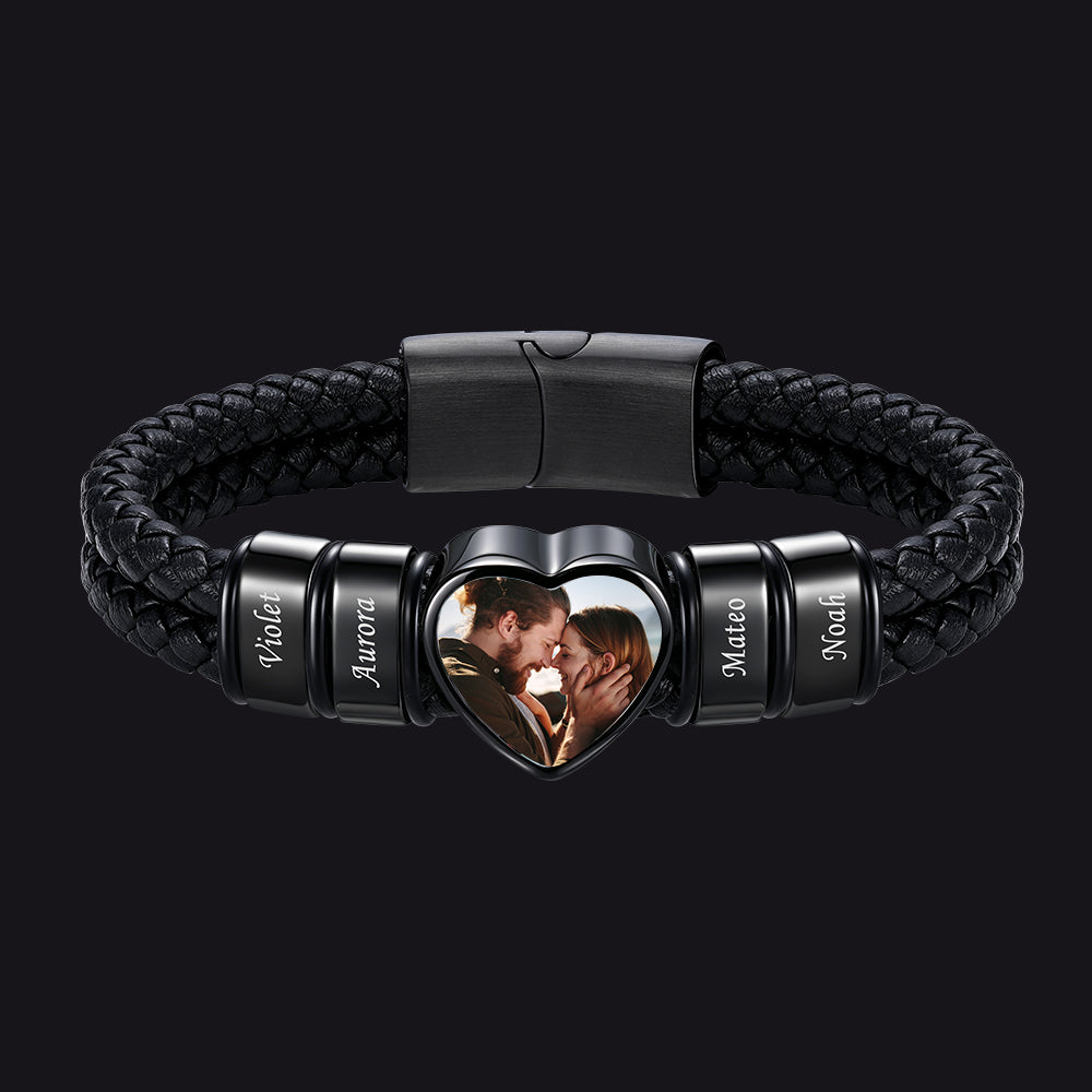 Custom Names Heart-Shape Picture Black Braided Leather Bracelet for Men, 4 Names