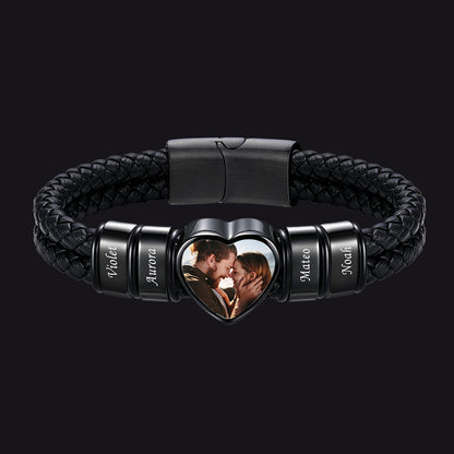 Custom Names Heart-Shape Picture Black Braided Leather Bracelet for Men, 4 Names