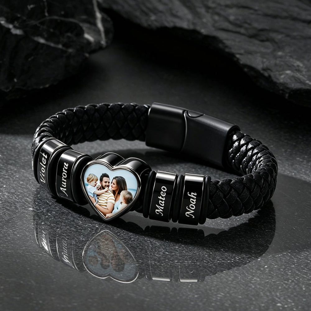 Custom names heart-shape picture black braided leather bracelet for men