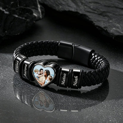 Custom names heart-shape picture black braided leather bracelet for men