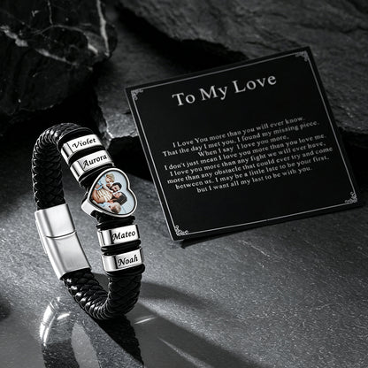 Custom 4 Names Heart-Shape Picture Double Layered Braided Leather Bracelet 