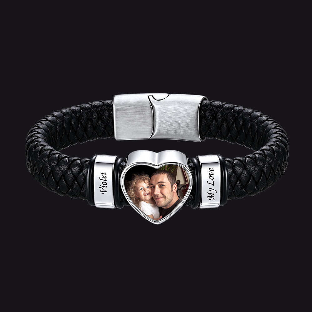Custom 2 Names Heart-Shape Picture Double Layered Braided Leather Bracelet 