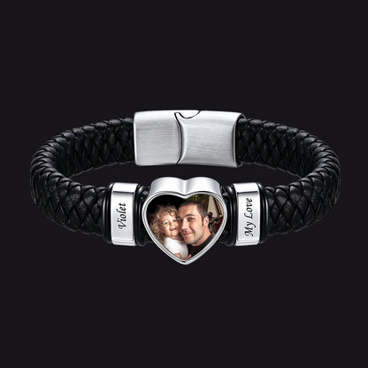 Custom 2 Names Heart-Shape Picture Double Layered Braided Leather Bracelet 