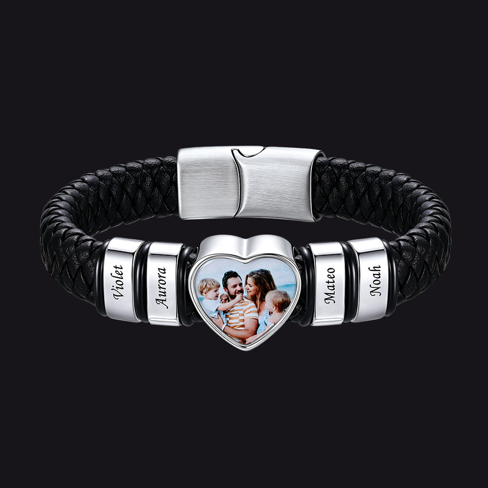 Custom 4 Names Heart-Shape Picture Double Layered Braided Leather Bracelet 