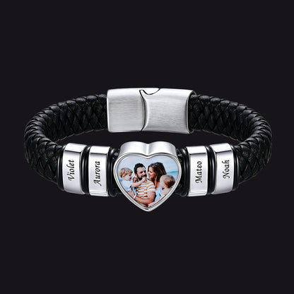 Custom 4 Names Heart-Shape Picture Double Layered Braided Leather Bracelet 