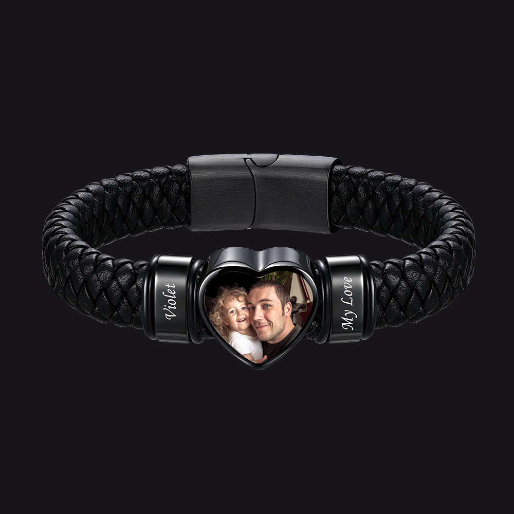 Custom 2 Names Heart-Shape Picture Double Layered Braided Leather Bracelet 