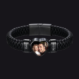 Custom Names Heart-Shape Picture Braided Leather Bracelet for Men Women