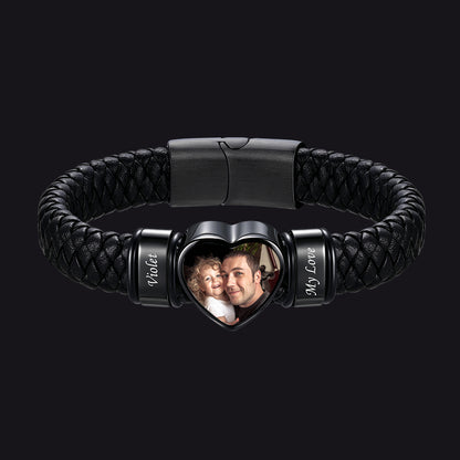 Custom 2 Names Heart-Shape Picture Double Layered Braided Leather Bracelet 