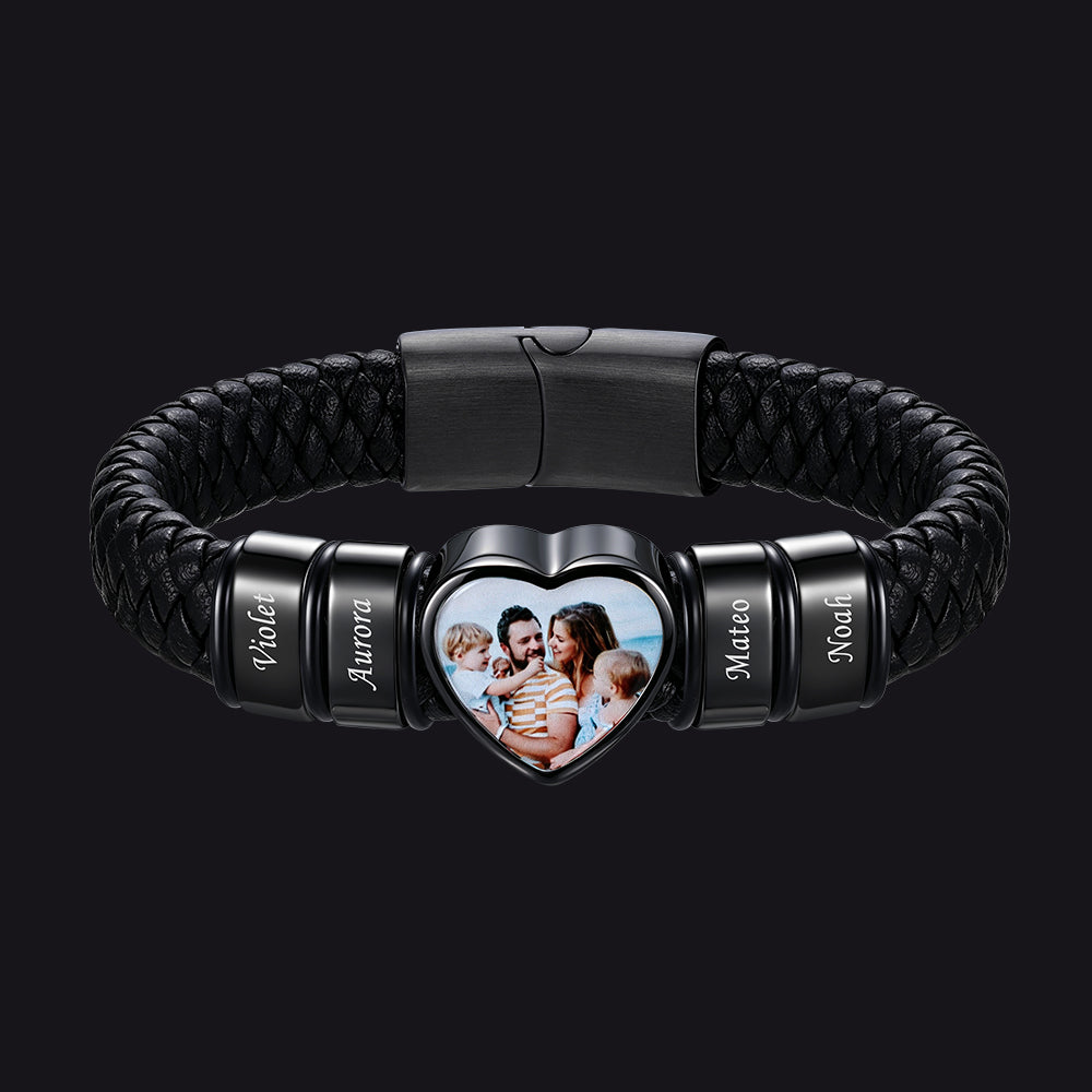 Custom 4 Names Heart-Shape Picture Double Layered Braided Leather Bracelet 