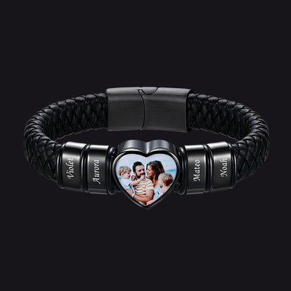Custom 4 Names Heart-Shape Picture Double Layered Braided Leather Bracelet 