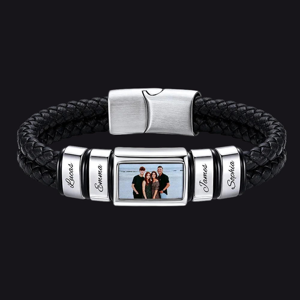 Custom 2 names photo braided leather bracelet for men