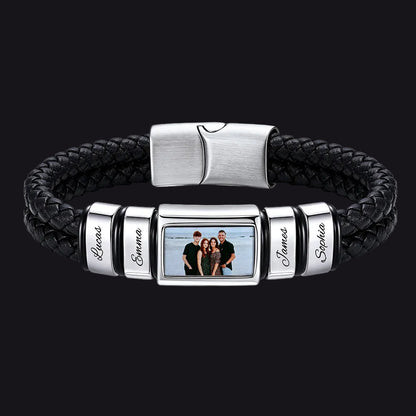 Custom 2 names photo braided leather bracelet for men