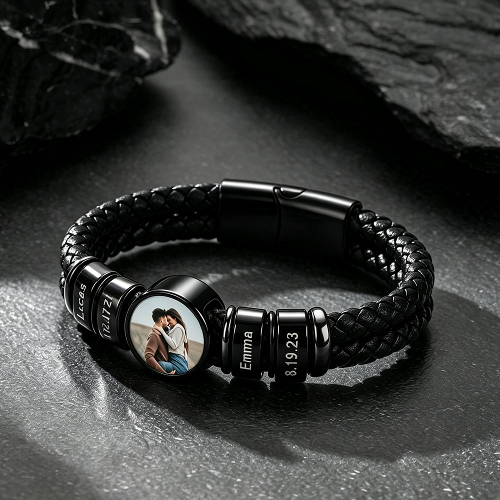 Custom Names Photos Black Braided Leather Bracelet for Men