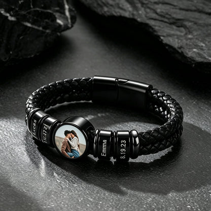Custom Names Photos Black Braided Leather Bracelet for Men