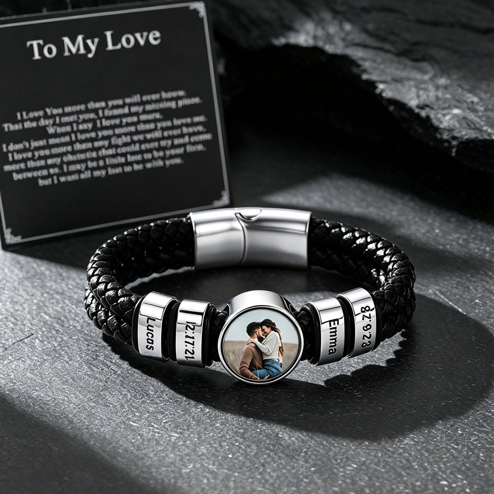 Custom Names Photos Black Braided Leather Bracelet for Men with a Gift Card