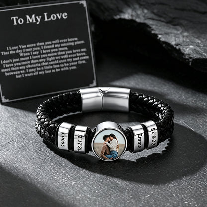 Custom Names Photos Black Braided Leather Bracelet for Men with a Gift Card