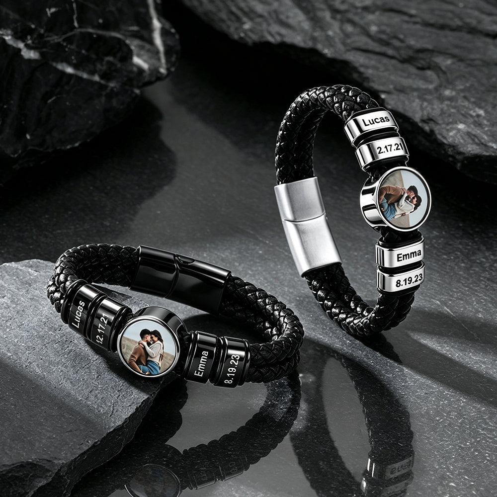 Custom photo name leather bracelets in multiple color options