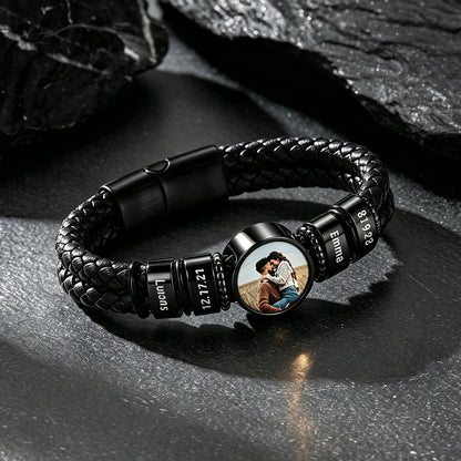 Custom Names Photos Black Braided Leather Bracelet for Men