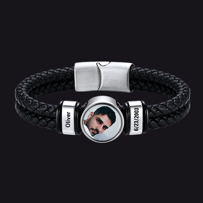 Custom 2 Names Photos Black Braided Leather Bracelet for Men