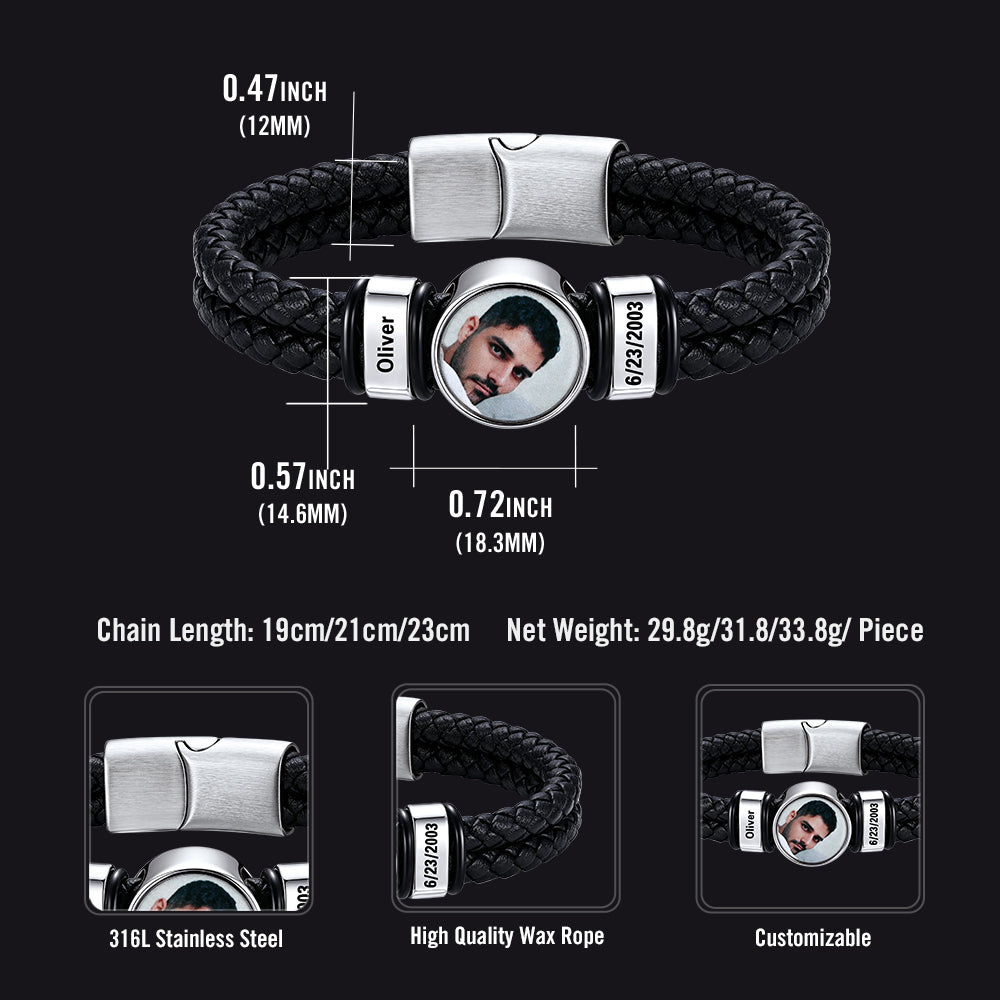 Custom photo name leather bracelet size chart
