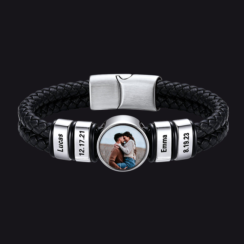 Custom 4 Names Photos Black Braided Leather Bracelet for Men