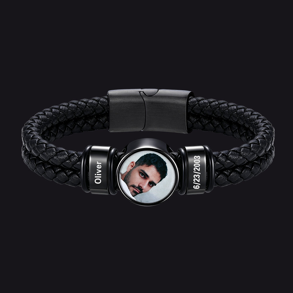 Custom 2 Names Photos Black Braided Leather Bracelet for Men