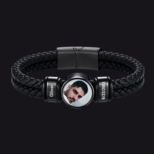 Custom 2 Names Photos Black Braided Leather Bracelet for Menimg