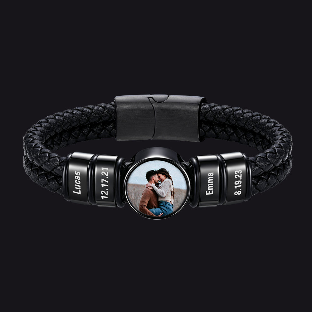 Custom 4 Names Photos Black Braided Leather Bracelet for Men