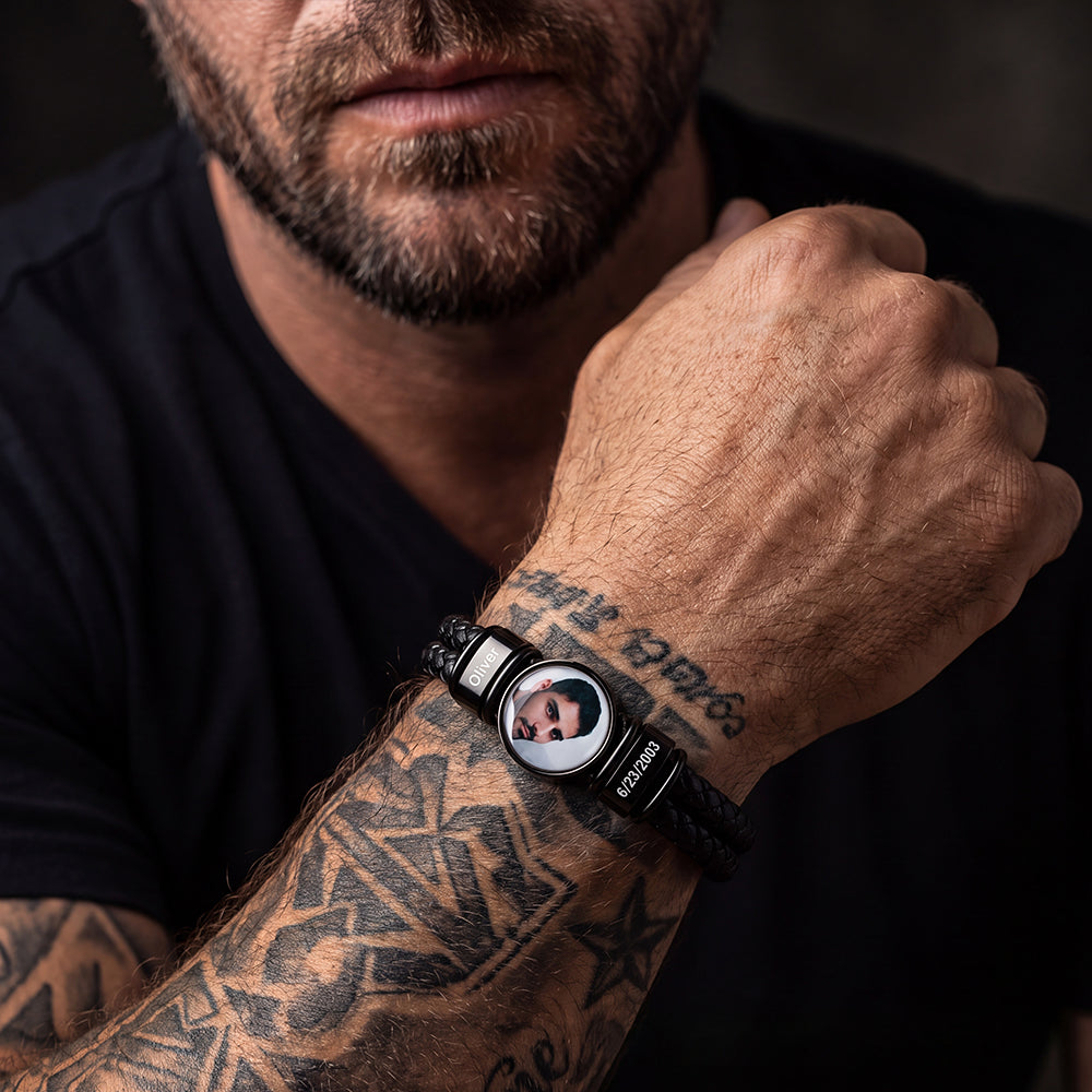 Man wearing custom names photos black braided leather bracelet on wrist