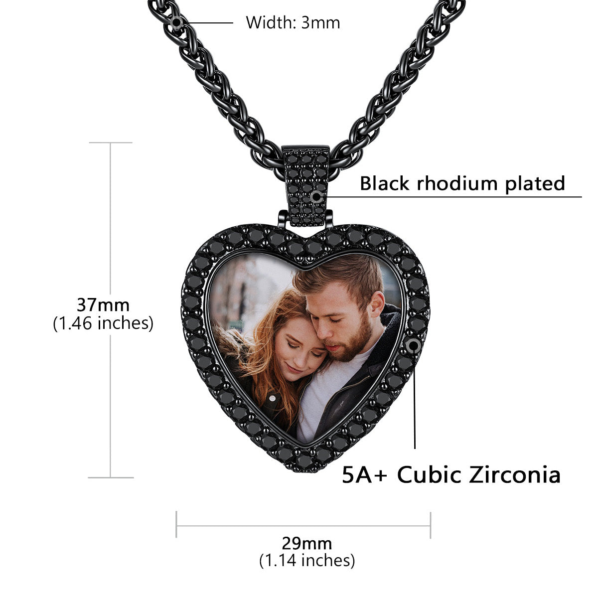 Black heart-shaped locket necklace showing dimensions and specifications.