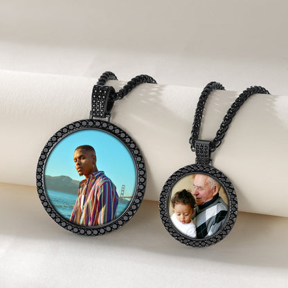 Two personalized picture circular pendant necklaces with black chains