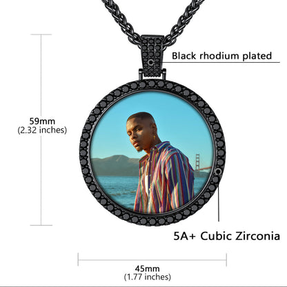 Custom round pendant necklace includes dimension annotations.