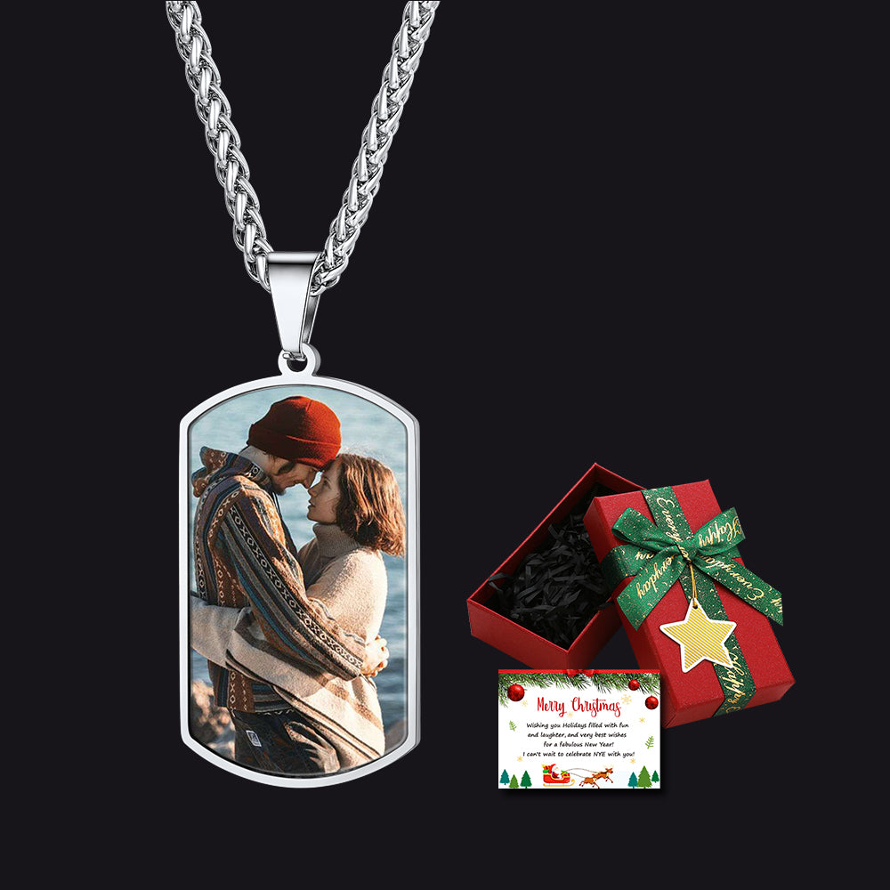 Custom Photo Dog Tag Necklace with Christmas Gift Box & Card