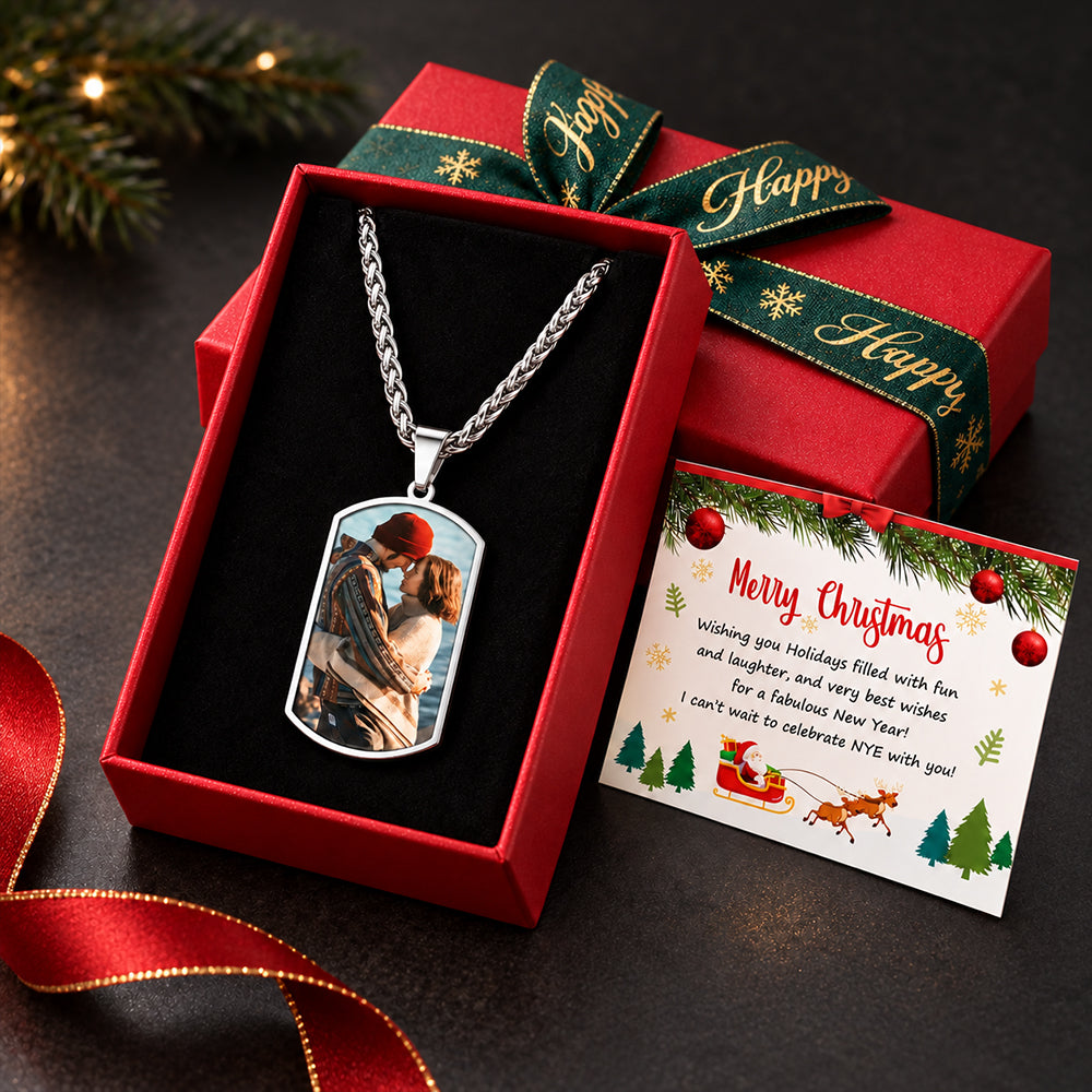 Custom Photo Dog Tag Necklace with Christmas Gift Box & Card