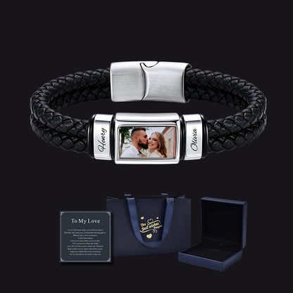 Custom Photo & Name Braided Leather Bracelet with Gift Box & Card