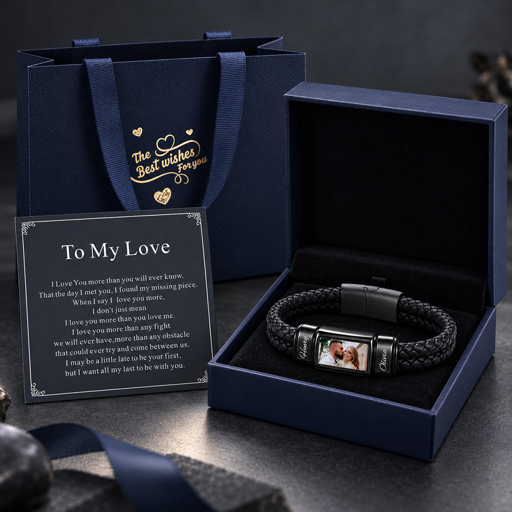Custom Photo & Name Braided Leather Bracelet with Gift Box & Card