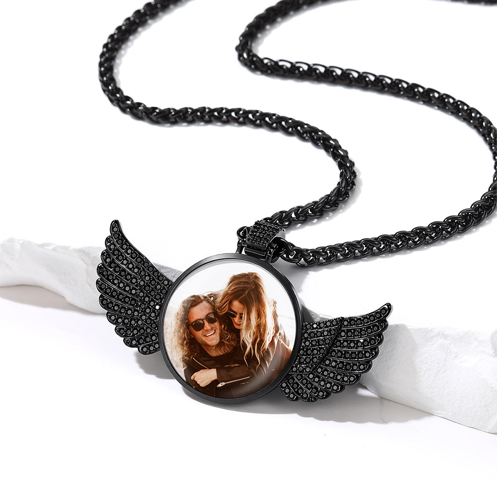 Custom Picture Pendant Angel Wings Necklace with CZ for Men Women