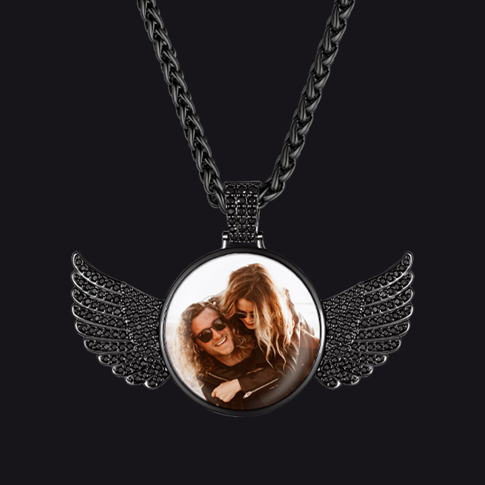 Custom Picture Pendant Angel Wings Necklace with CZ for Men Women