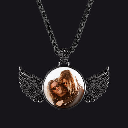 Custom Picture Pendant Angel Wings Necklace with CZ for Men Women