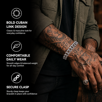 Person wearing a bracelet with text highlighting features like bold Cuban link design, comfortable daily wear, and secure clasp.