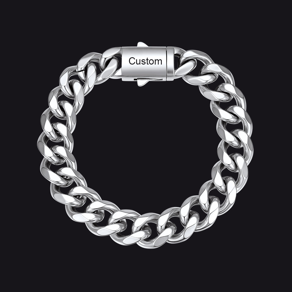 Steel / 23cm / 12mm Custom Text Chunky Cuban Link Chain Bracelets Gift For Men