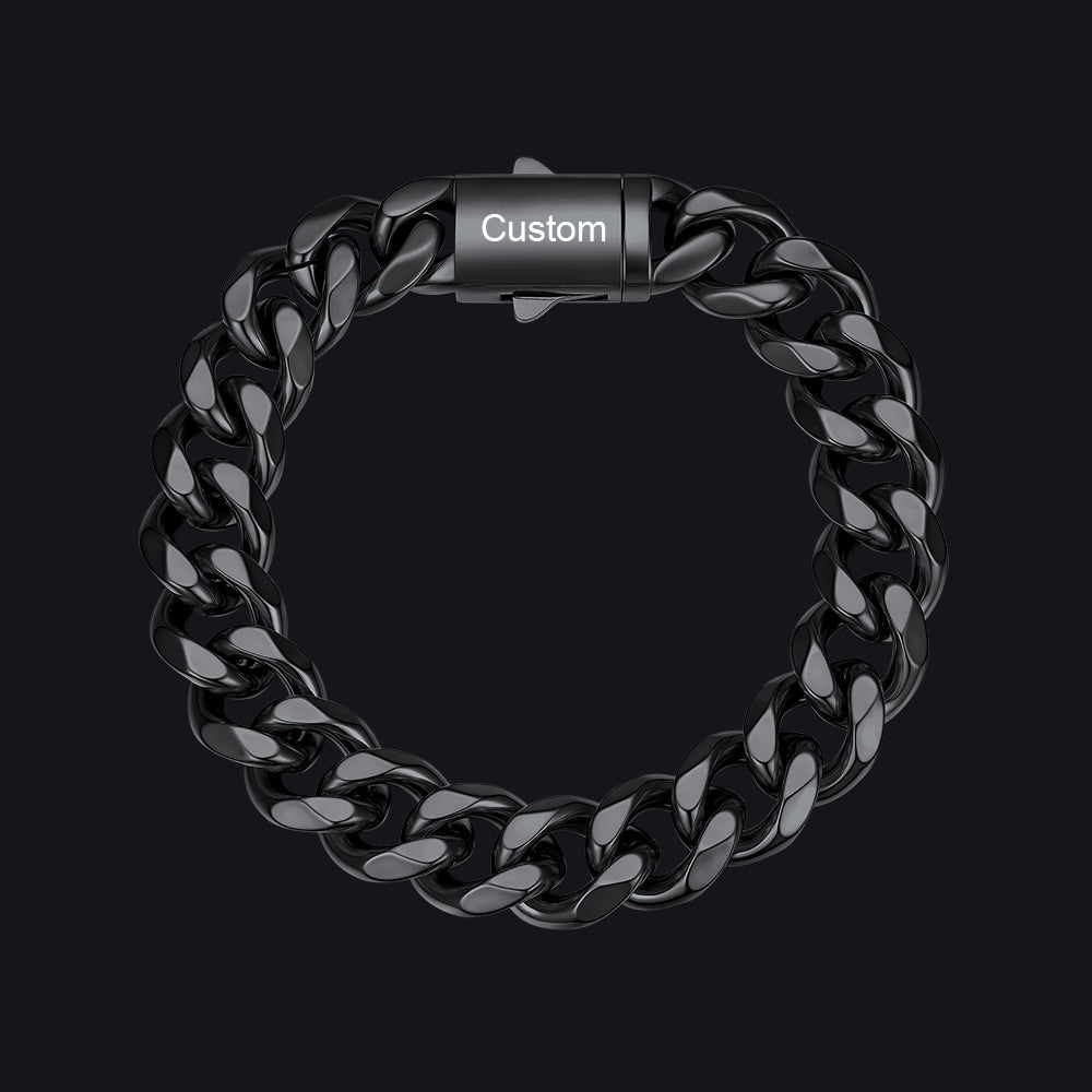 Black / 23cm / 12mm Custom Text Chunky Cuban Link Chain Bracelets Gift For Men
