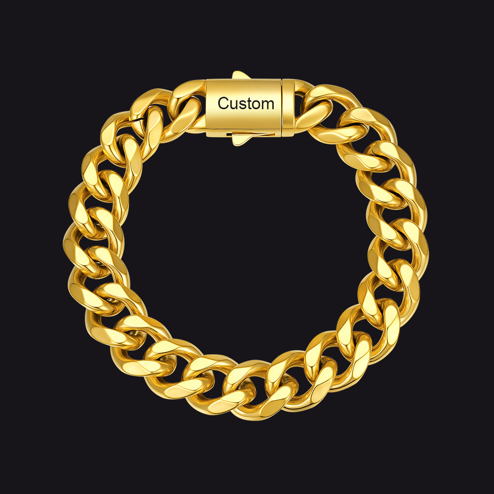 Gold / 23cm / 12mm Custom Text Chunky Cuban Link Chain Bracelets Gift For Men