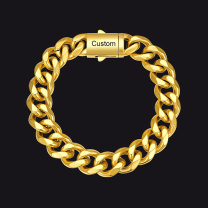 Gold / 23cm / 12mm Custom Text Chunky Cuban Link Chain Bracelets Gift For Men