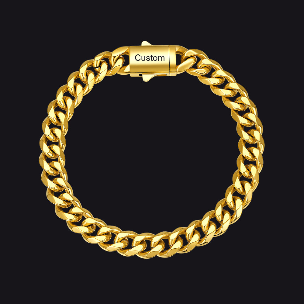 Gold / 23cm / 9mm Custom Text Chunky Cuban Link Chain Bracelets Gift For Men