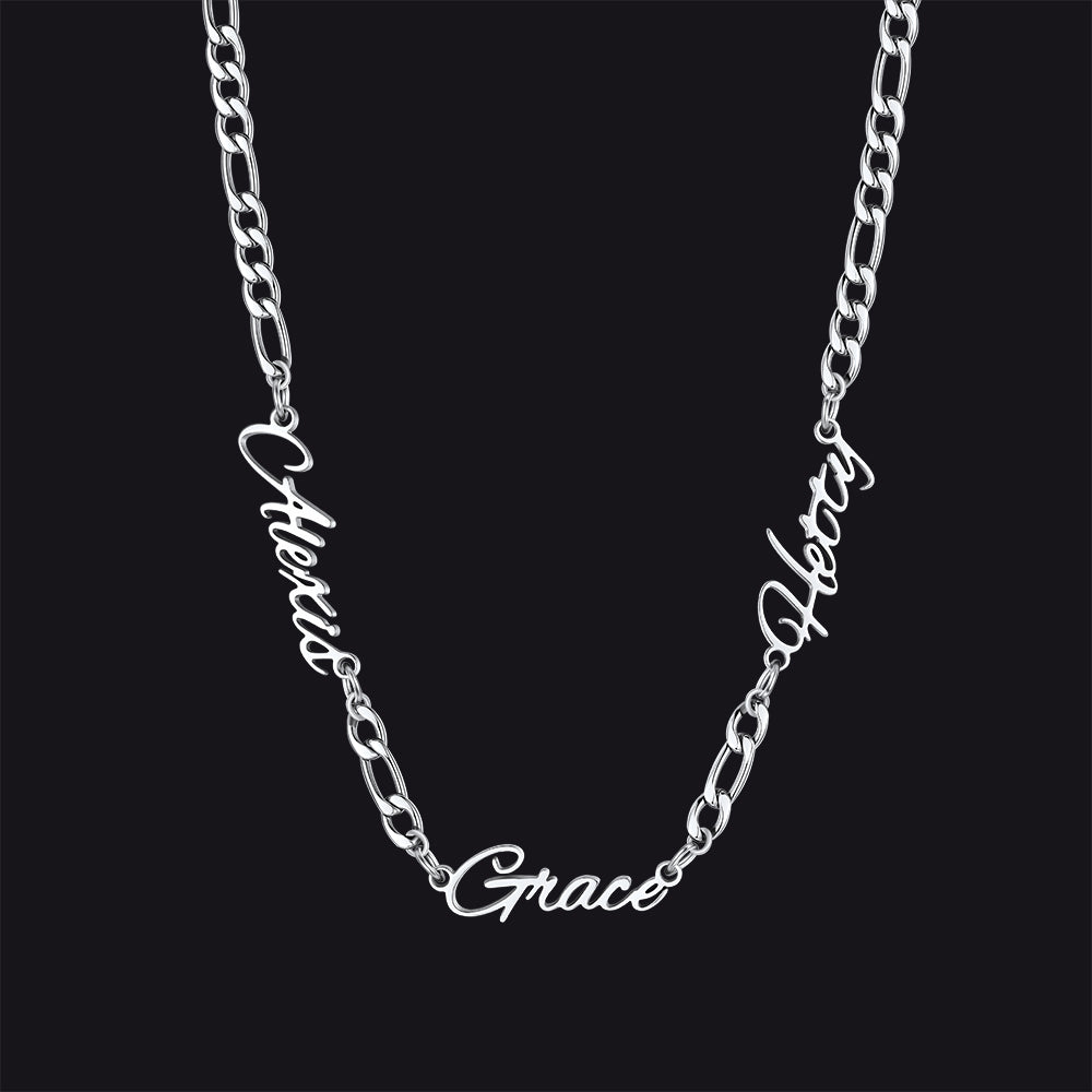 Steel / 3 Names / 24'' Customized Name Necklace with 3MM Width Figaro Chain