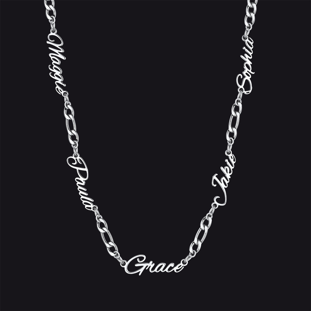 Steel / 5 Names / 24'' Customized Name Necklace with 3MM Width Figaro Chain